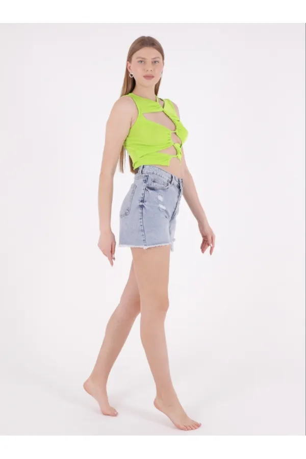 Ripped Denim Short with Fringe Ending 225-08-(S-XL-6) Snow Light Blue Ripped Denim Short with Fringe Ending 225-08-(S-XL-6) Snow Light Blue