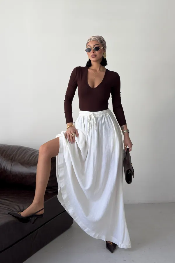 Elasticated Long Skirt HS131-51-(S-L-3) Cream White