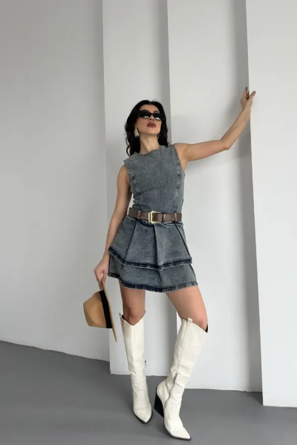 Pileli Kısa Elbise 3026-28-(XS-XL-5)