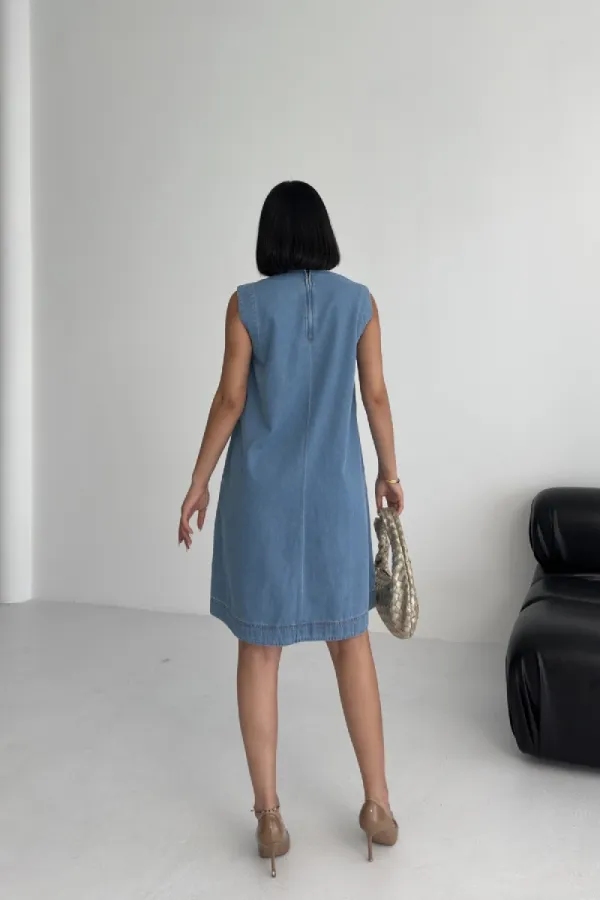 Sleeveless Oversize Denim Dress with Pocket 3043-25-(S-XL-6) Middle Blue