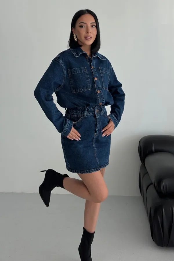 Düğmeli Mini Kot Elbise  3027-26-(S-L-3)