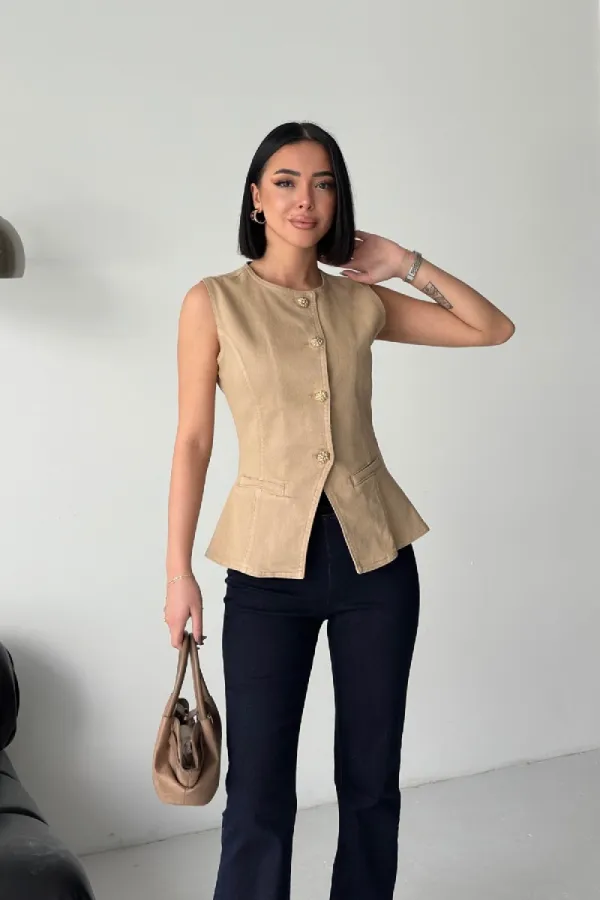 Denim Vest with Slit Front 6086-70-(S-XL) Camel