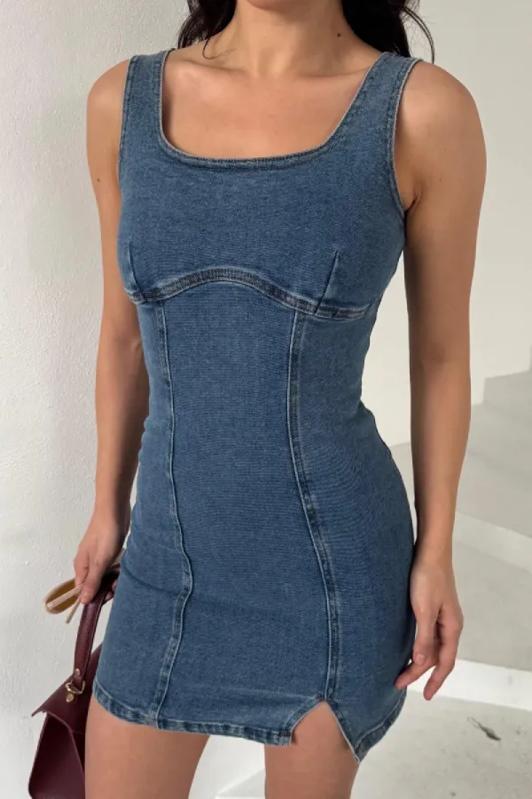 Fermuarlı Mini Kot Elbise 3028-27-(XS-L) Fermuarlı Mini Kot Elbise 3028-27-(XS-L)
