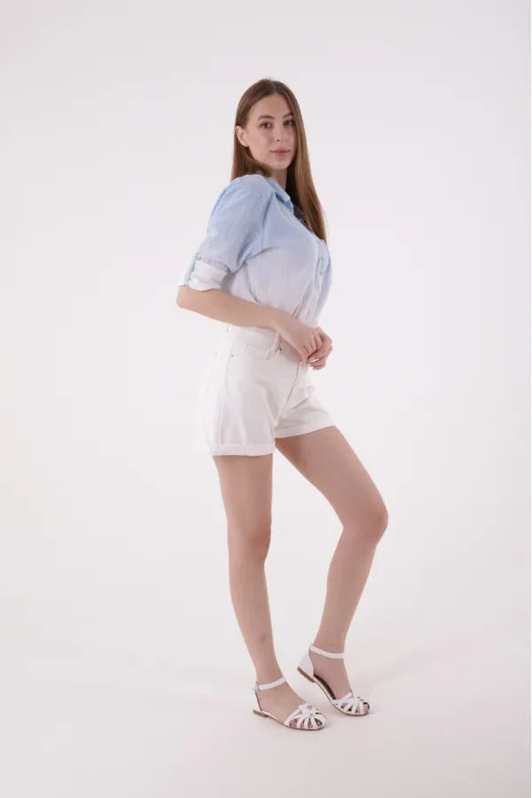 Double Folded Bottom Denim Short 292-50-(S-XL-6) White Double Folded Bottom Denim Short 292-50-(S-XL-6) White