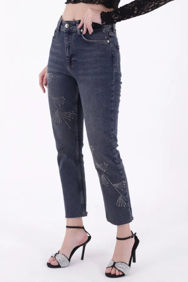 Çapraz Taşlı Mom Fit Kot Pantolon  7054-28-(26-31)