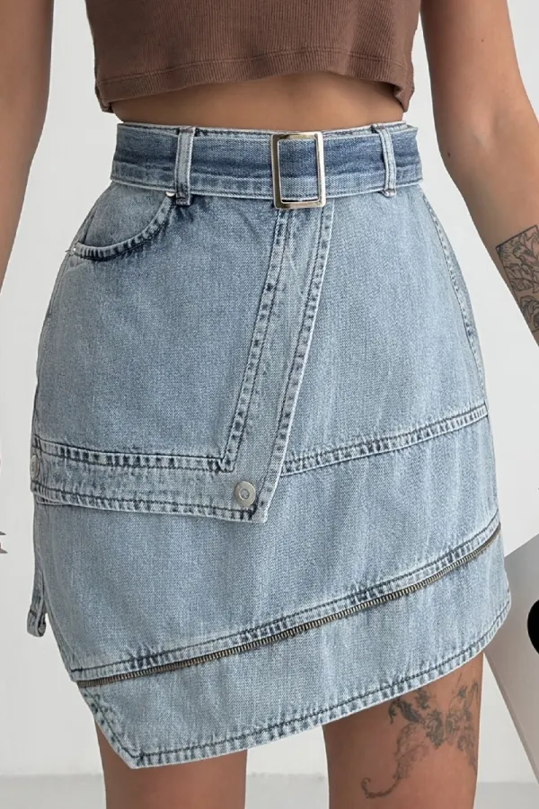 Ripped Denim Skirt with Denim Belt and Decorative Zipper 117-14-(36-42-6-2) Light Blue and Tinted