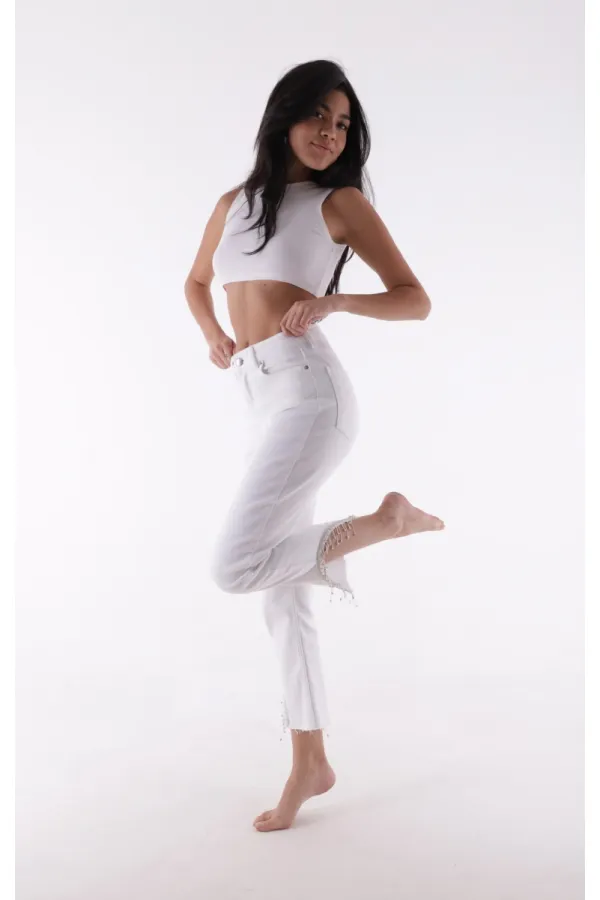 Stone Embellished Asymmetric Leg Trousers 1881-50-(28-33)