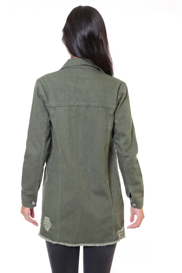 Fringe Finish Boyfriend Denim Jacket 679-67-(S-XL-6) Khaki Fringe Finish Boyfriend Denim Jacket 679-67-(S-XL-6) Khaki