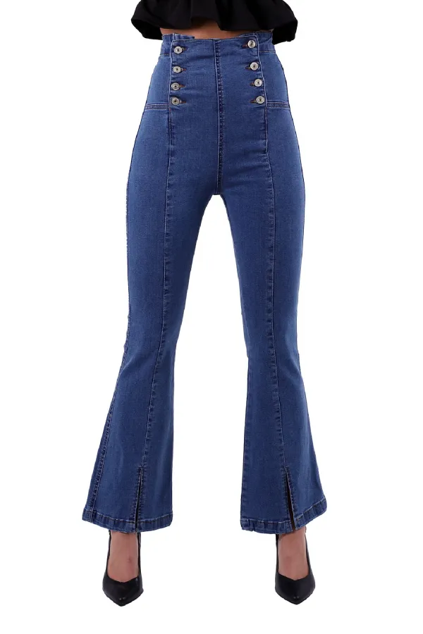 Önü Yırtmaçlı Düğme Detaylı Kot Pantolon  1751-27-(27-32)