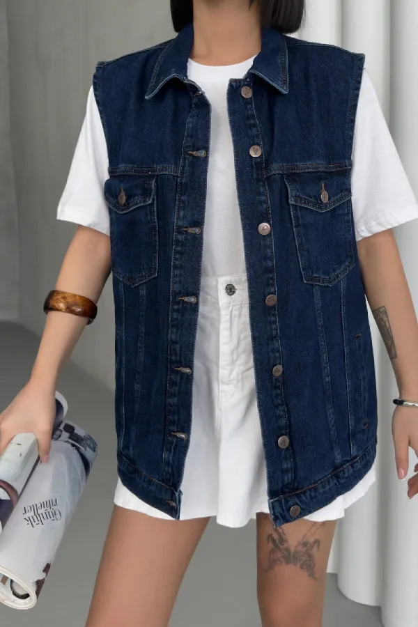 Medium Length Denim Vest 6053-26-(SL-4)