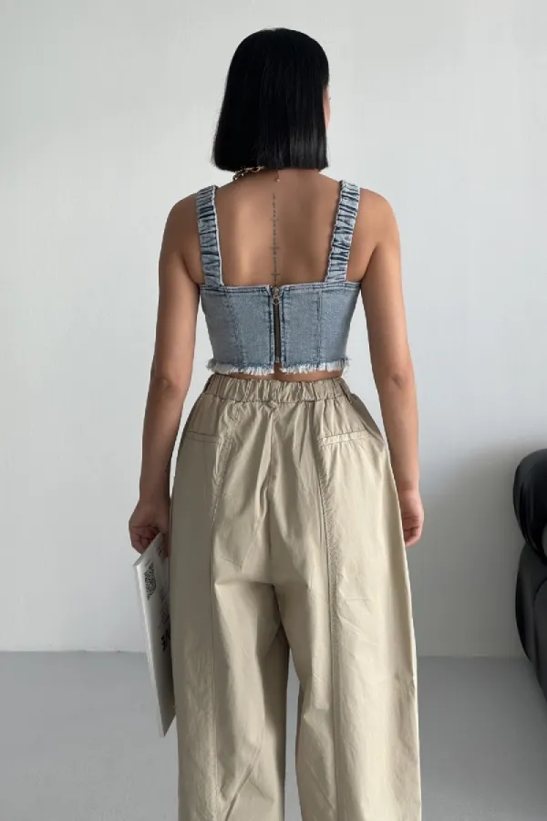 Askılı Fermuarlı Kot Büstiyer 410-08-(XS-L-5-2) Kar Yıkama Açık Mavi