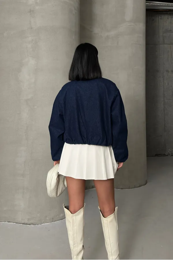 Cropped Zip-Up Jacket 6198-17-(S-L-3) Slubbed Navy Blue