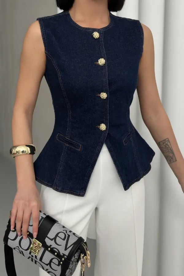 Belden Oturtmalı Düğmeli Kot Yelek 6086-17-(S-XL)