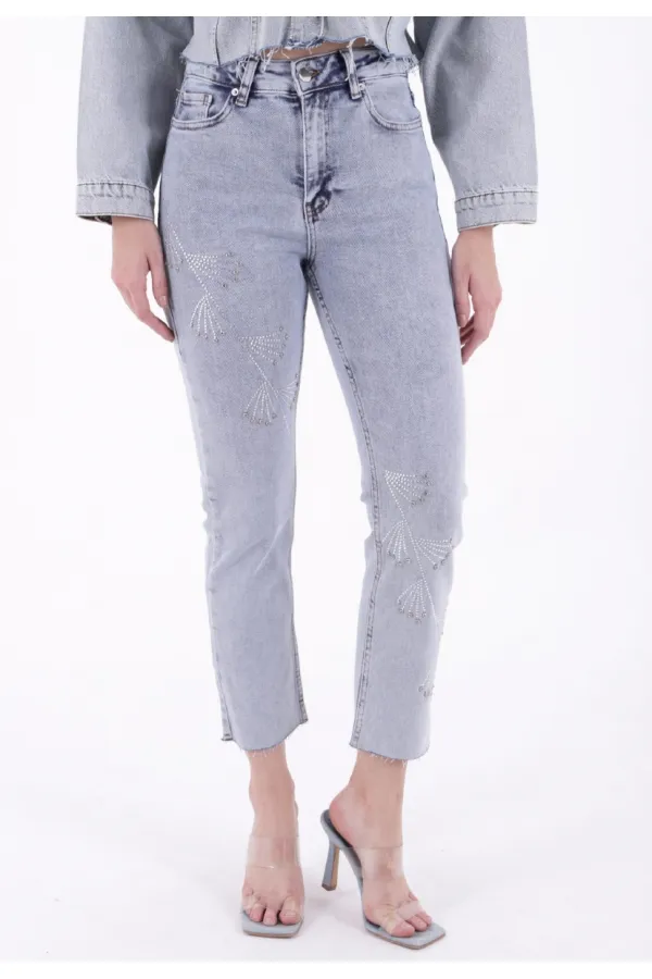 Çapraz Taşlı Mom Fit Kot Pantolon 7054-08-(26-31)