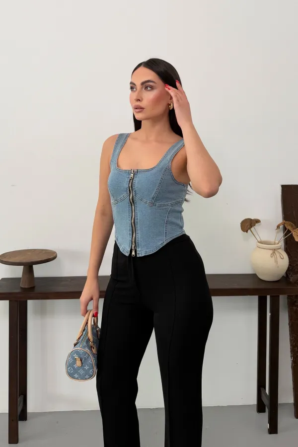 Fermuarlı Denim Büstiyer 411-25-(S-L-3)