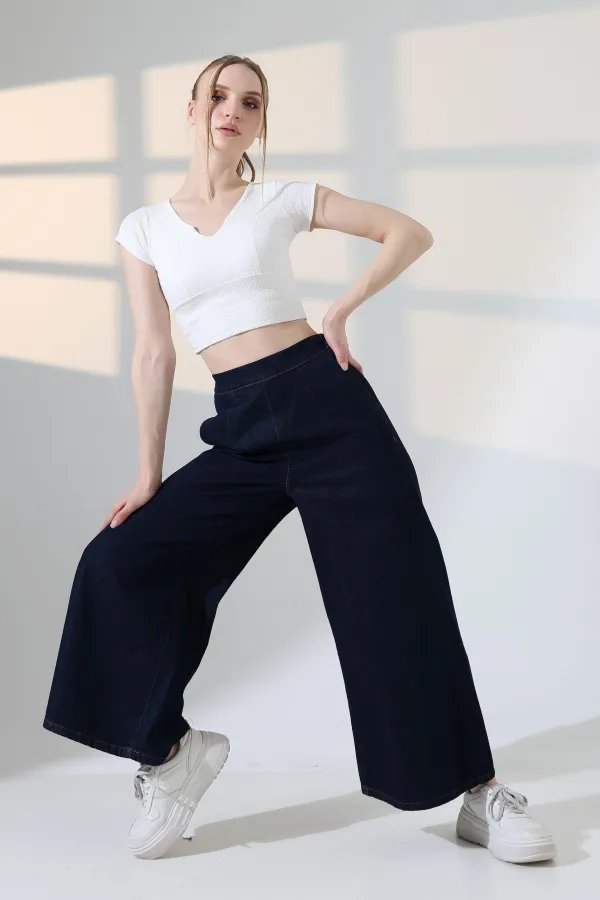 Elasticated Waist Wide Leg Jean  7120-17-(36-42-6) Slubbed Navy Blue