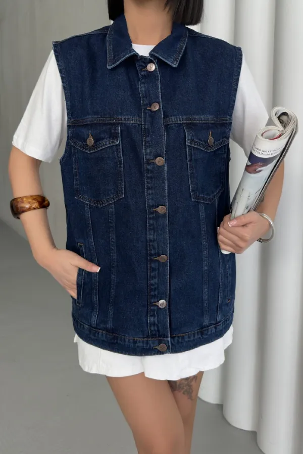 Medium Length Denim Vest 6053-26-(SL-4)