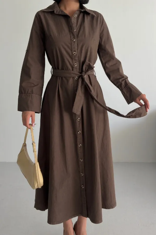 Düğmeli Uzun Boy Kot Elbise 3047-78-(S-XL)