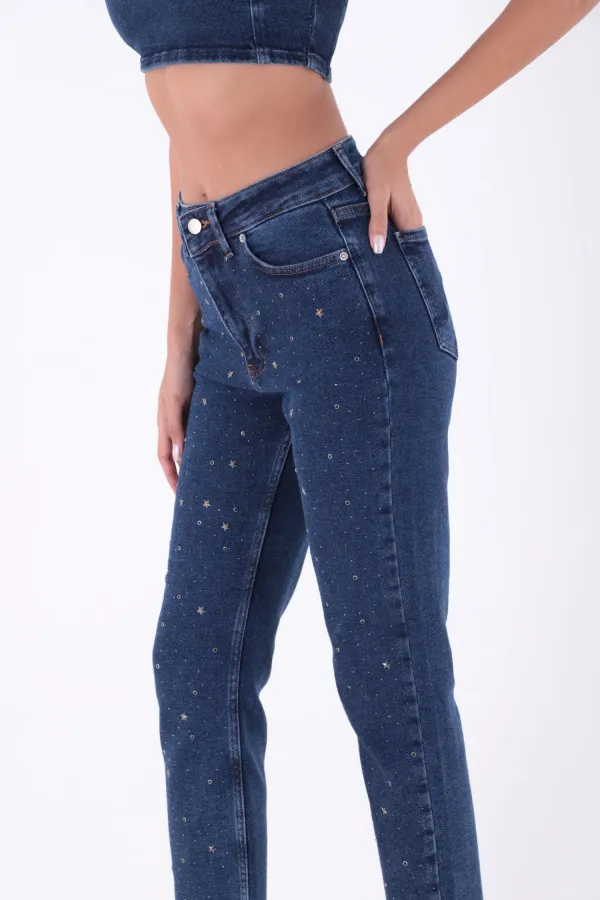 Yıldızlı Mom Fit Dikişsiz Paça Kot Pantolon  1753-26-(26-31)
