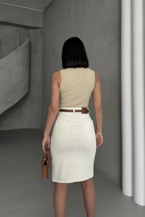 Classic Mid Length Denim Skirt  1039-80-(42-46) Natural