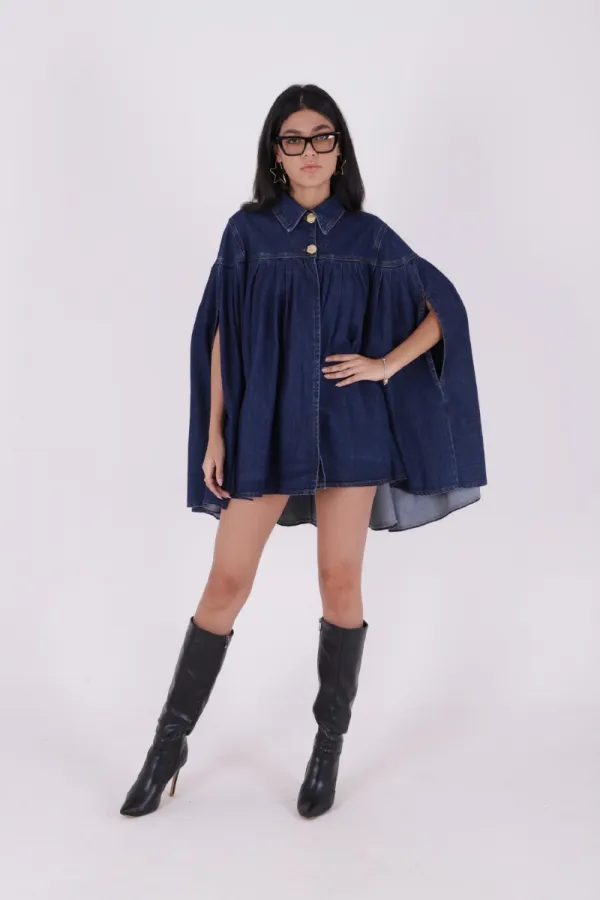 Pleated Oversize Poncho Jacket 6075-26-(STD-3) Regular Dark Blue Pleated Oversize Poncho Jacket 6075-26-(STD-3) Regular Dark Blue