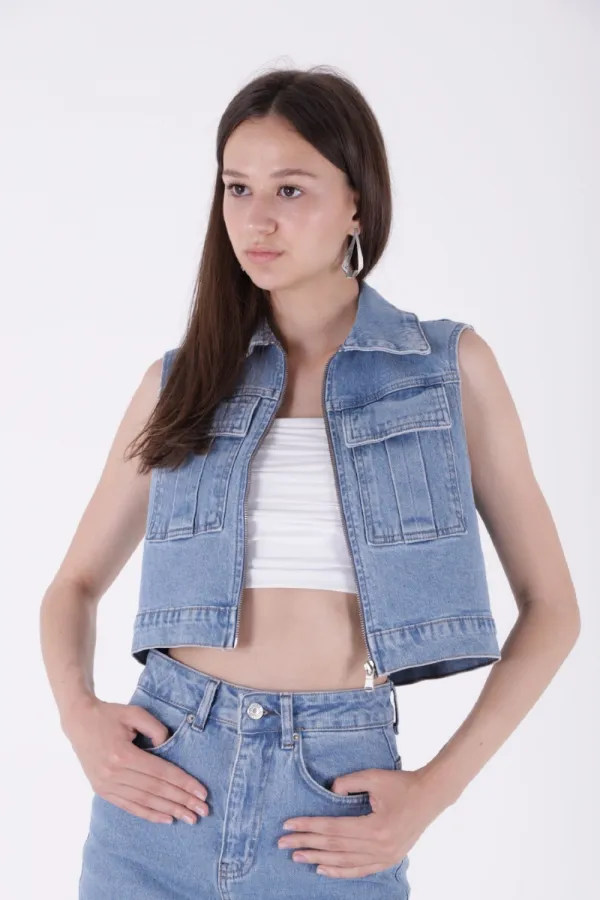 Fermuarlı Mini Kot Yelek 6018-15-(M-XL) Fermuarlı Mini Kot Yelek 6018-15-(M-XL)