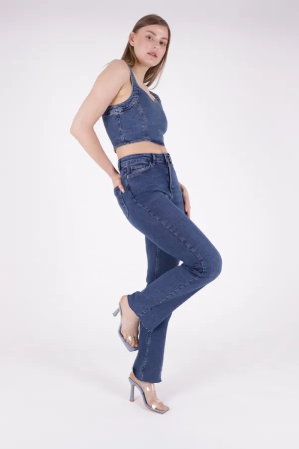 Tasseled Bottom Wide Leg Relax Jean 1726-01-(XS-L-6) Dark Blue Denim Tasseled Bottom Wide Leg Relax Jean 1726-01-(XS-L-6) Dark Blue Denim