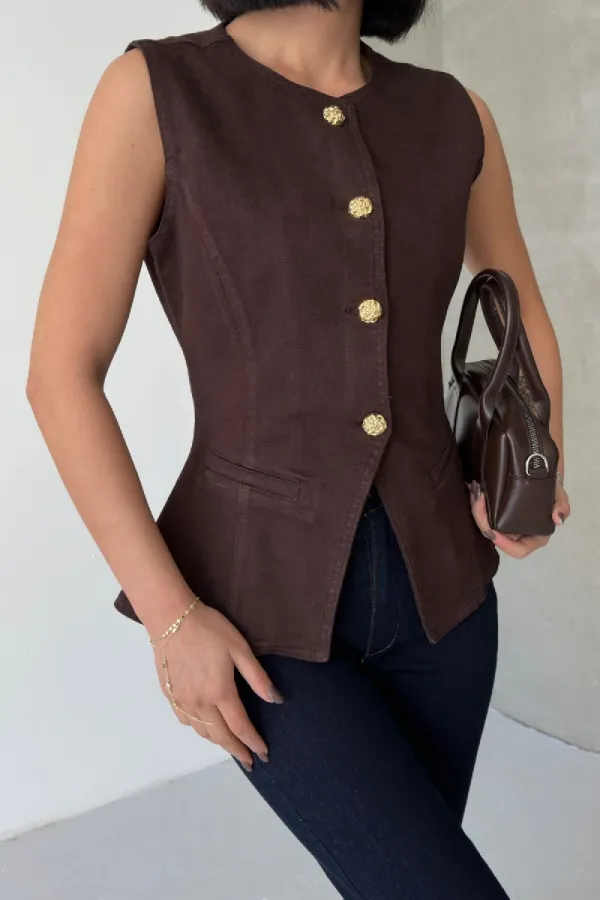 Denim Vest with Slit Front 6086-78-(XS-L) Brown