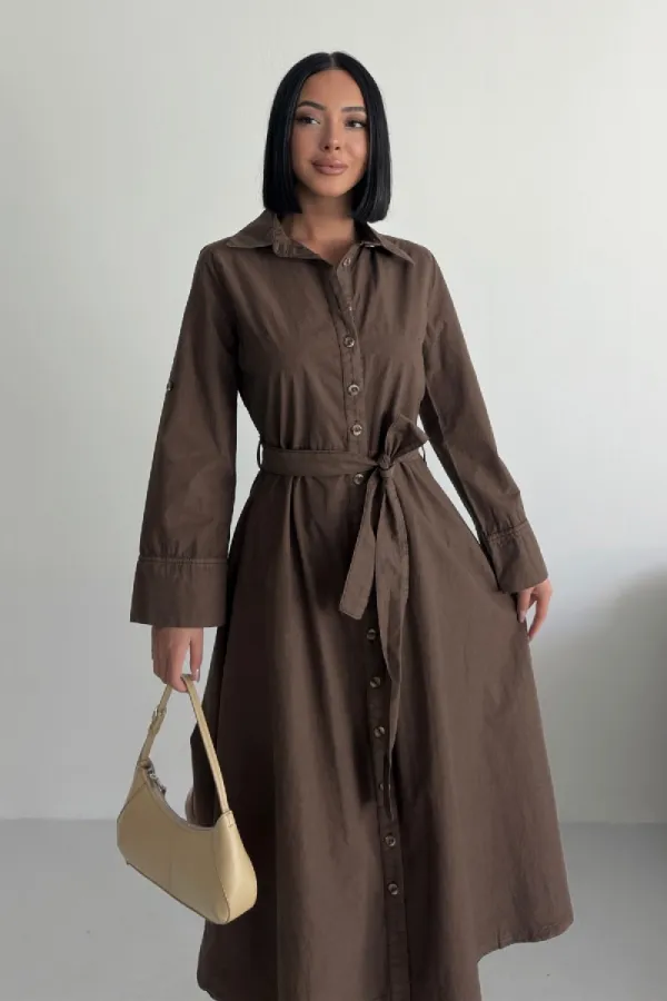 Düğmeli Uzun Boy Kot Elbise 3047-78-(S-XL)