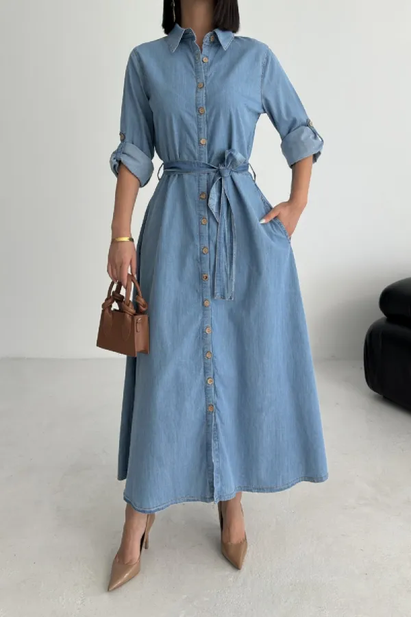Düğmeli Uzun Boy Kot Elbise 3047-27-(S-XL)