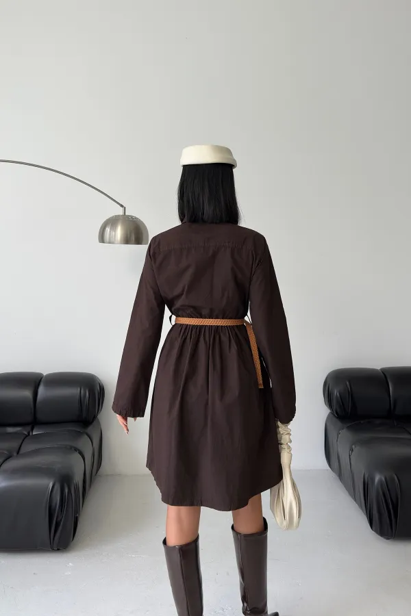 Short Denim Dress with Ruffle Detail 3040-78-(S-XL) Brown