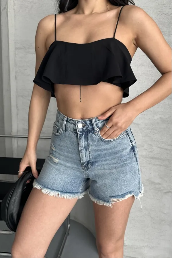 Ripped Denim Short with Fringe Ending 225-14-(36-42-6-2) Light Blue and Tinted Ripped Denim Short with Fringe Ending 225-14-(36-42-6-2) Light Blue and Tinted