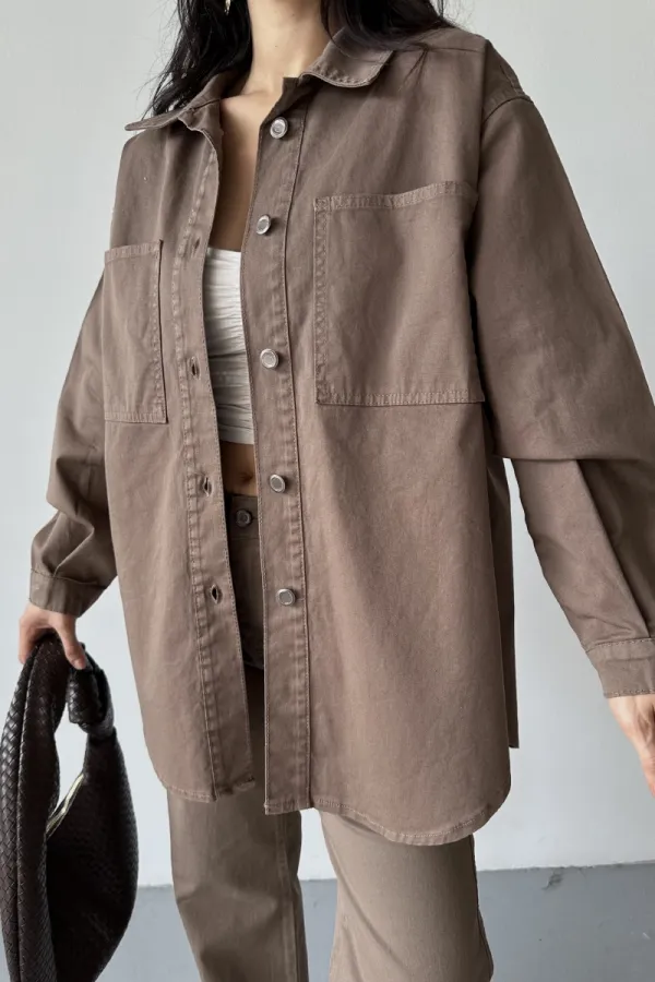 Düğmeli Oversize Kot Gömlek 6080-72-(S+L+3)