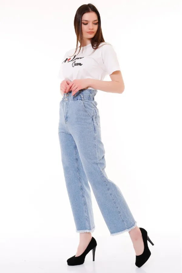 Elasticated Waist Wide Leg High Waisted Relaxed Jean 789-42-(27-32) Ice Blue - Tinted Elasticated Waist Wide Leg High Waisted Relaxed Jean 789-42-(27-32) Ice Blue - Tinted