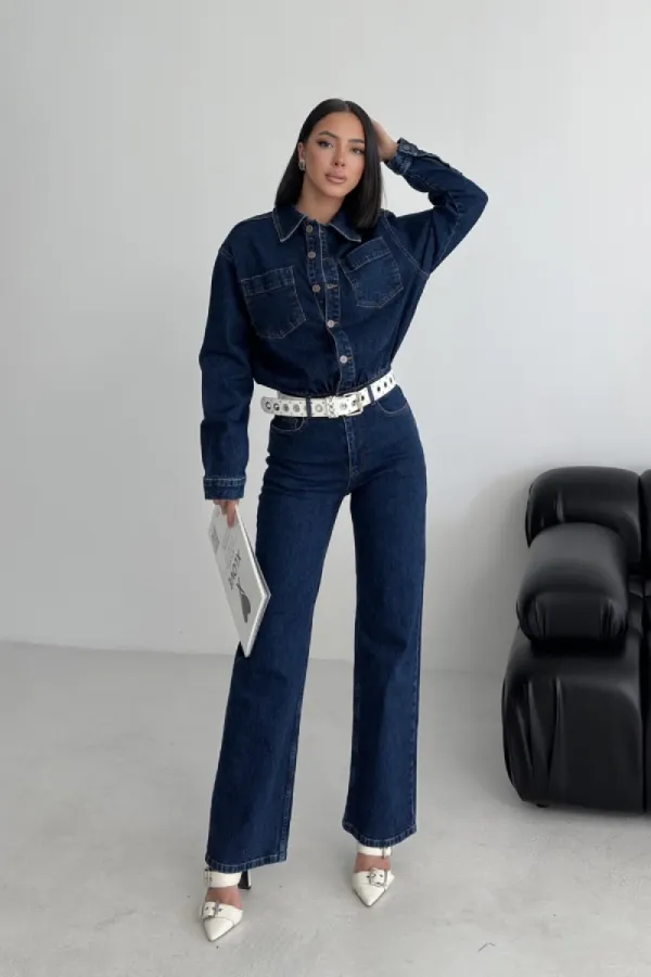 Beli Büzgülü Klasik Kot Tulum  3037-26-(S-L-3)