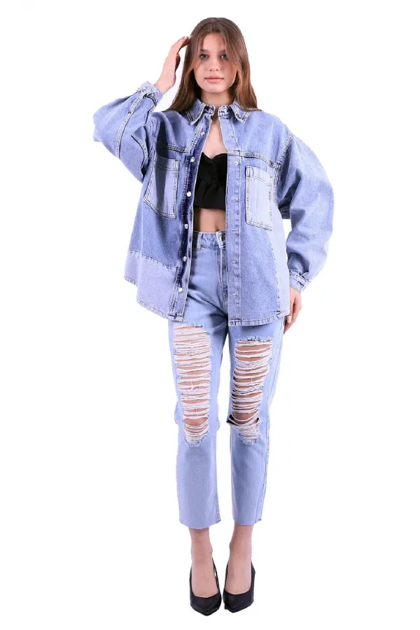Parçalı Renkli Yıkamalı Kot Ceket 610-0815-(S-XL) Parçalı Renkli Yıkamalı Kot Ceket 610-0815-(S-XL)