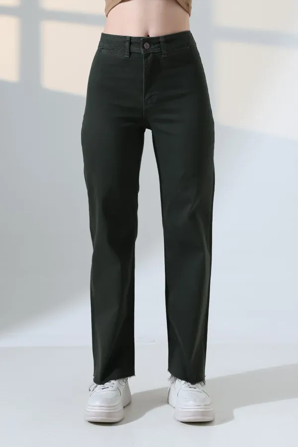 Wide Leg Palazzo Relaxed Jean with Decorative Front Pockets  1710-97-(27-32) Pine Green