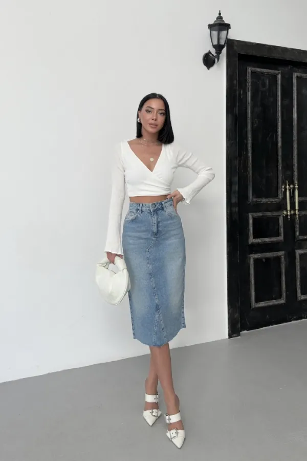 Mid Length Denim Skirt with Triangle Detail  1041-15-(XS-XL) Light Blue Denim