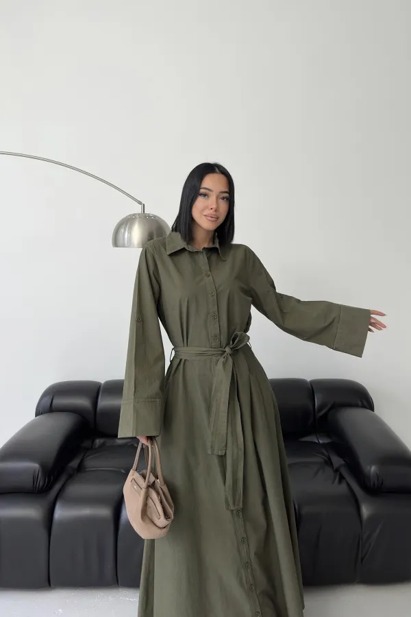 Düğmeli Uzun Boy Kot Elbise  3047-67-(S-XL)