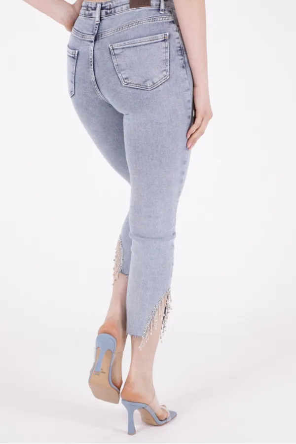 High Waisted Mom Jean with Rhinestones on Leg Hems Sides 1881-08-(26-31) Snow Light Blue High Waisted Mom Jean with Rhinestones on Leg Hems Sides 1881-08-(26-31) Snow Light Blue
