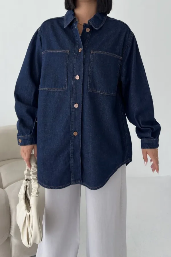 Oversize Denim Jacket with Buttons  6080-17-(S-L-3) Slubbed Navy Blue