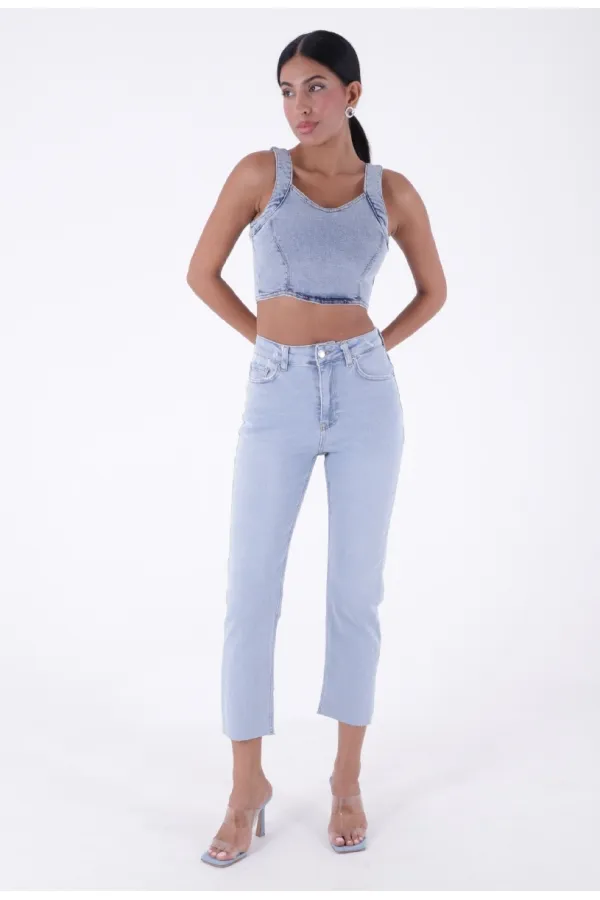 Fringe Ending High Waisted Mom Fit Jean  764-42-(32-36) Ice Blue - Tinted