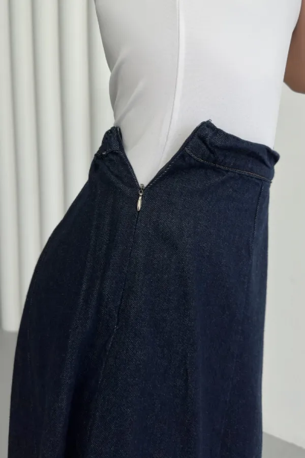 Ruffled Long Skirt with Elasticated Waist  1063-17-(S-XL) Slubbed Navy Blue