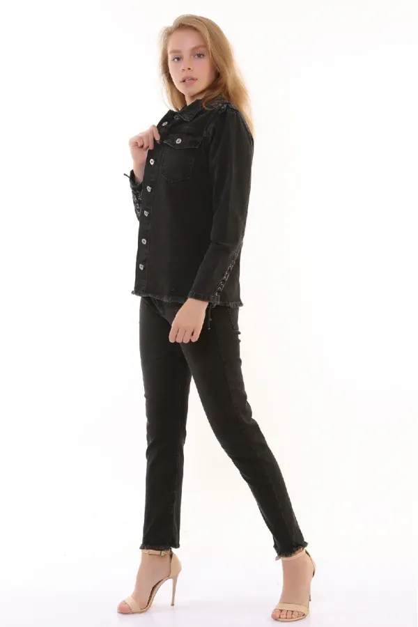 Kolu Bağcıklı Eteği Püsküllü Kot Ceket  618-03-(S-XL)
