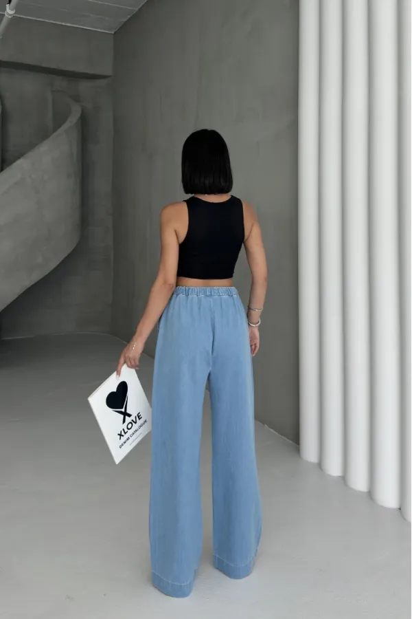 Elastic Waist Palazzo Jean 7076-25-(S-XL) Middle Blue
