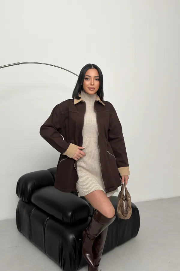 Velvet Piece Detailed Zippered Denim Jacket 6129-78-(S-XL) Brown