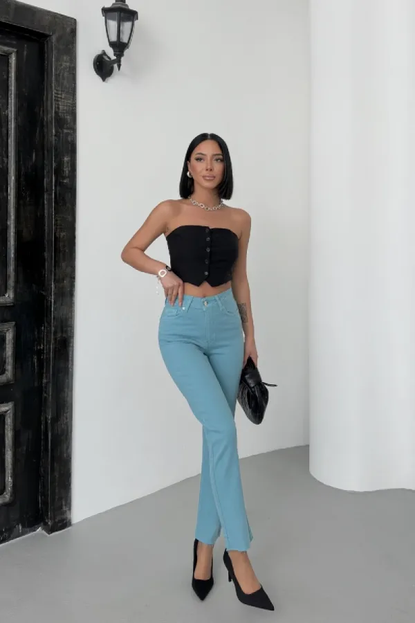 Fringe Ending High Waisted Mom Fit Jean 764-86-(28-33) Aqua Blue