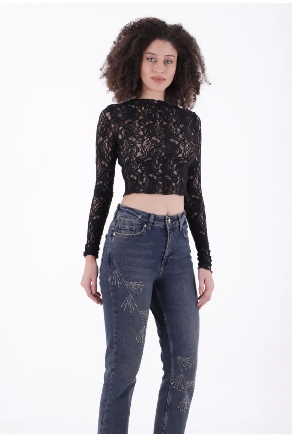 Çapraz Taşlı Mom Fit Kot Pantolon  7054-28-(26-31)