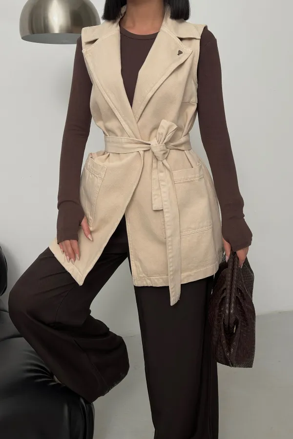 Belted and Cross Over Collar Denim Vest 6137-65-(S-XL) Stone