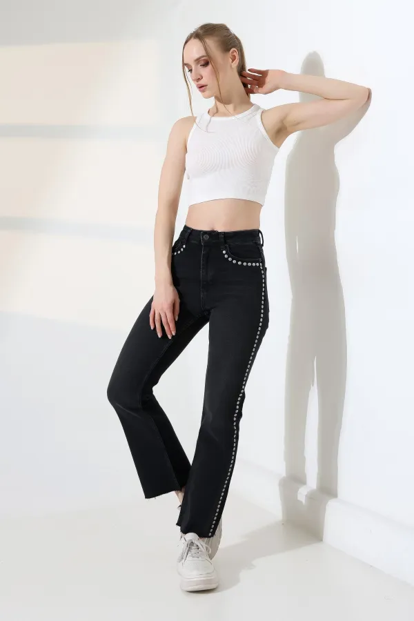 Zımba Taşlı İspanyol Mom Fit Kot Pantolon 7192-23-(26-31) Zımba Taşlı İspanyol Mom Fit Kot Pantolon 7192-23-(26-31)